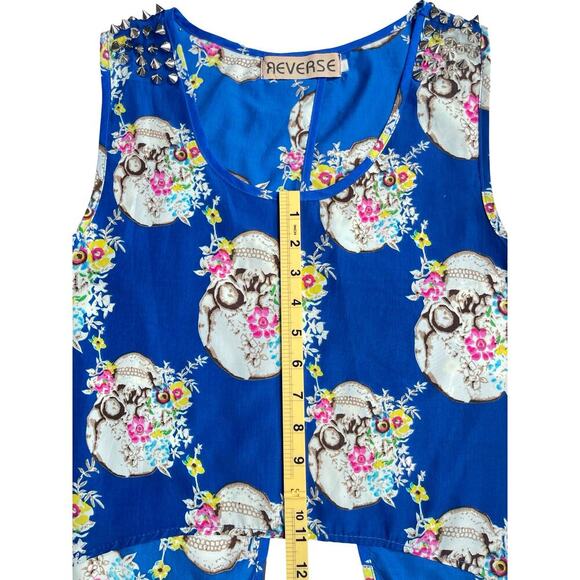 Blue Skull Floral Studded Sleeveless Crop Tank Top, Edgy Festival - Size S/M - Picture 9 of 11